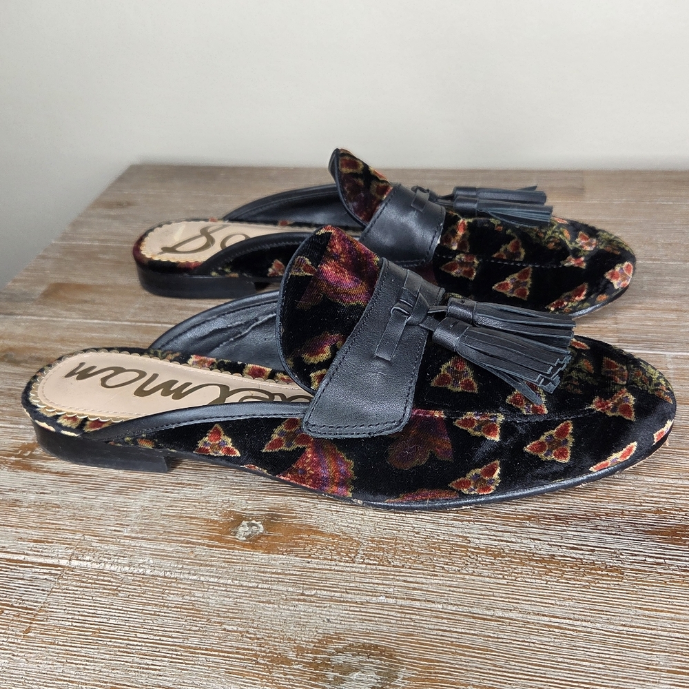 Sam Edelman Black Velvet Floral Tassel Backless Mules